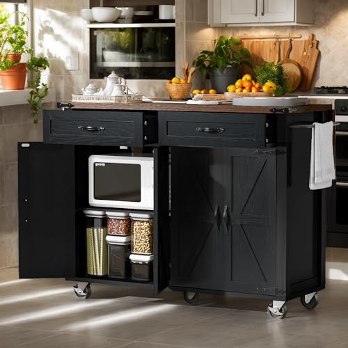 53.7" Farmhouse Kitchen Island with Drop Leaf,2 Drawers,Kitchen Storage Island with Power Outlet,Spice Rack