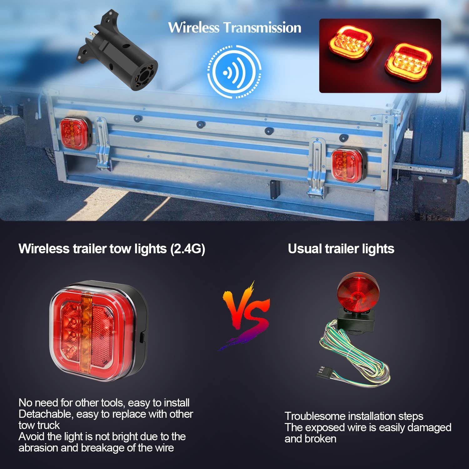 Wireless Trailer Lights for Towing, 2 Pcs Rechargeable LED Magnetic Tail Light Kit for Tow Truck