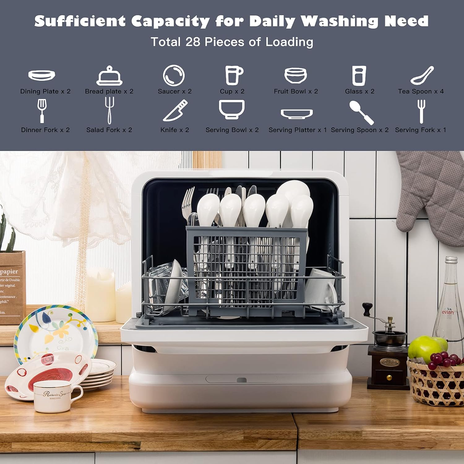 COSTWAY Portable Countertop Dishwasher, Compact Dishwasher with 7.5 L Built-in Water Tank, 360° Dual Spray Arms, 5 Washing Programs, Air-Dry Function