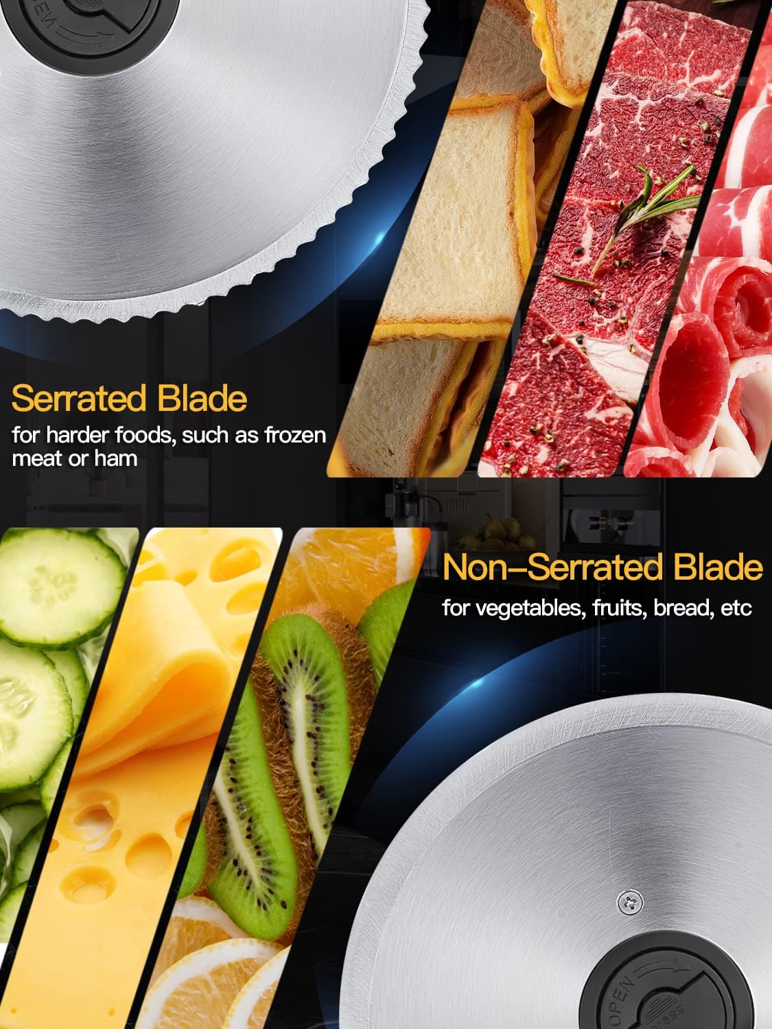 Meat Slicer, 200W Electric Food Slicer with 2 Removable 7.5" Stainless Steel Blades and Stainless Steel Tray, Child Lock Protection