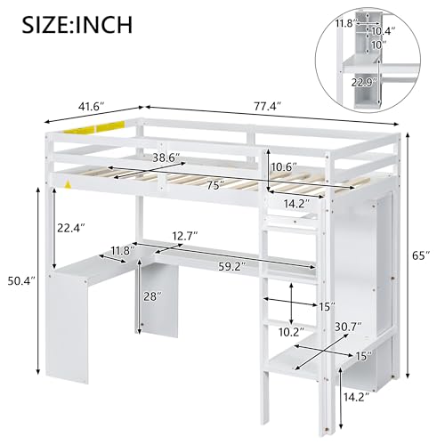 SOFTSEA Full Size Loft Bed with Desk & Wardrobe, Wood Loft Bunk Bed with Storage Shelves and Cabinets