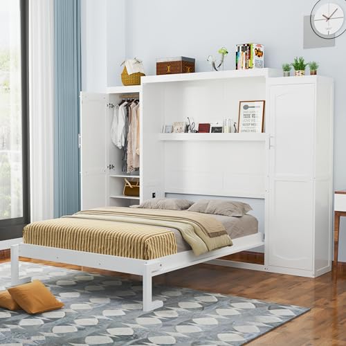 Harper & Bright Designs Full Size Murphy Bed, Wood Full Wall Bed with Two Closets and Storage Shelf