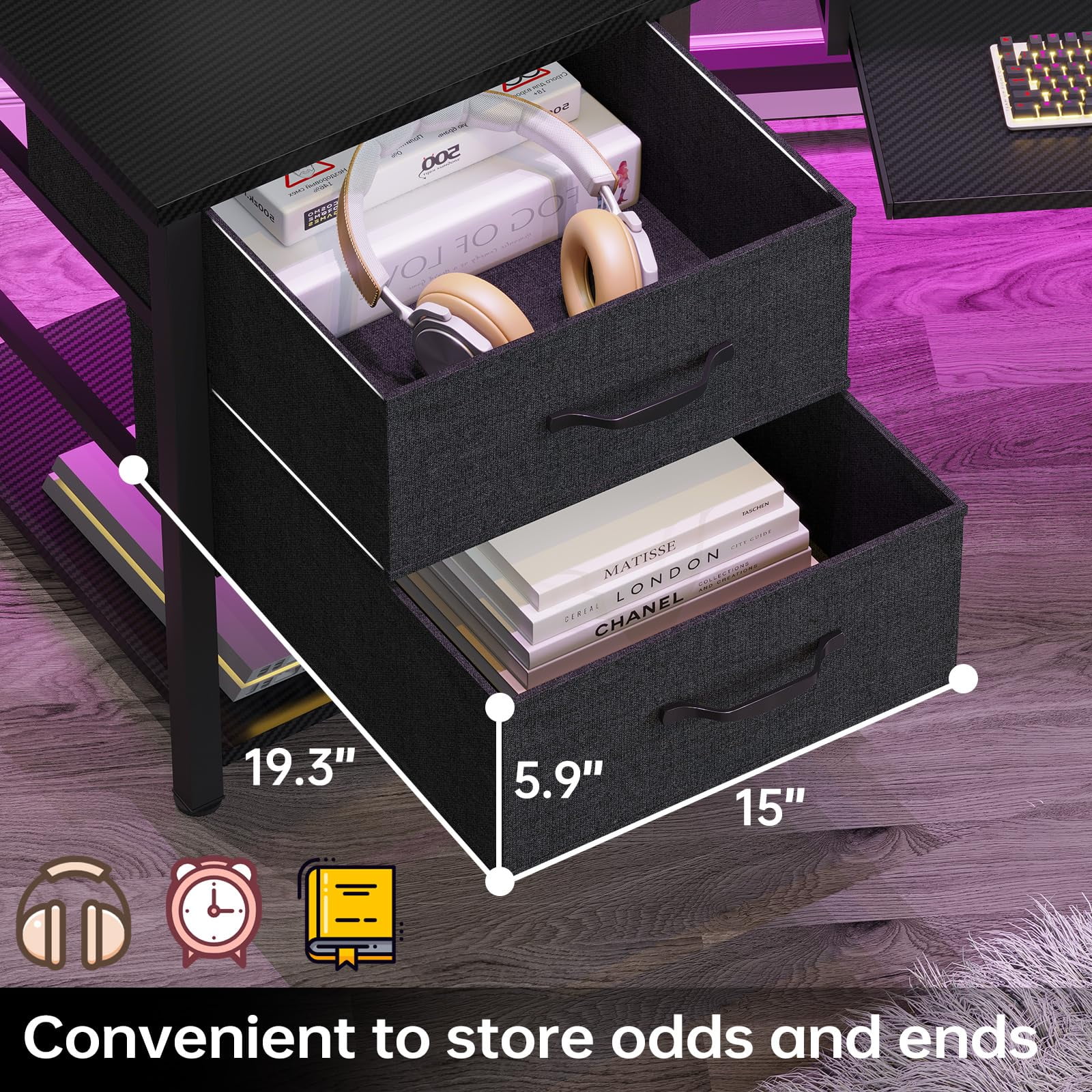 79" Gaming Desk with LED Lights&Power Strip&2 Fabric Drawers, Modern L Shaped Computer Desk for Home Office with Storage Shelf&Keyboard Tray, Black