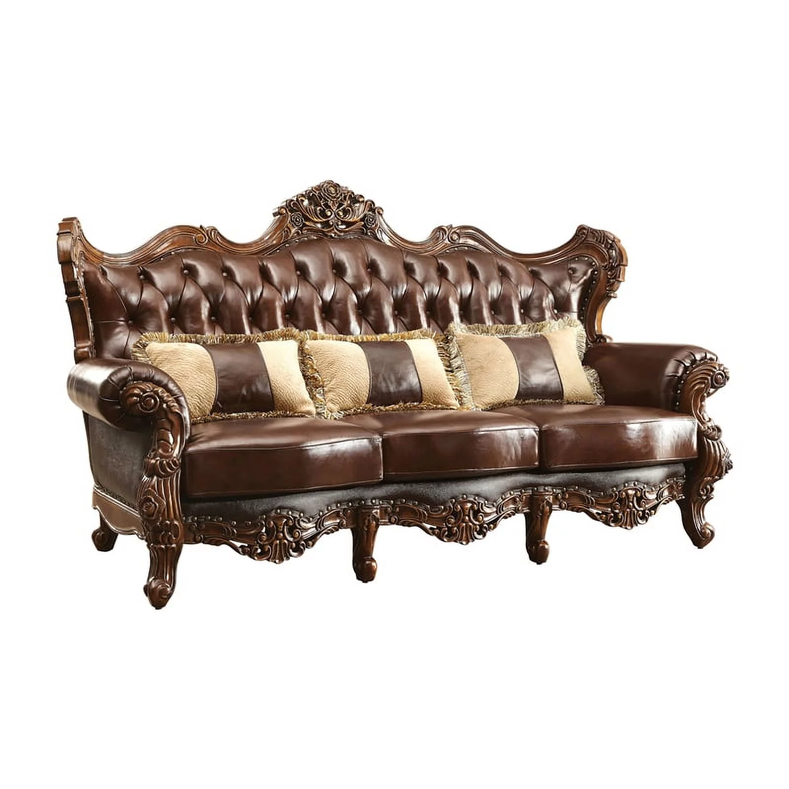 Pemberly Row Modern Top Grain Leather Tufted Sofa in Dark Oak