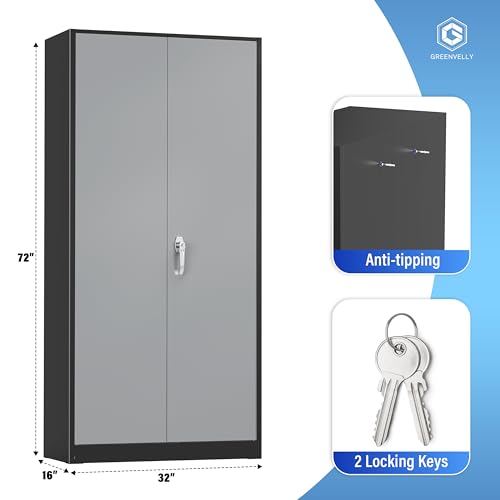 Greenvelly Metal Storage Cabinet, 72" Black Locking Storage Cabinets with Doors and 4 Shelves, Metal Cabinet for Garage Home Office, Classroom