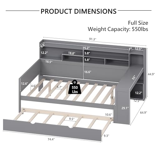 Corner Twin Bed Frame with Bookcase Storage and Desk, Wood Day Beds with 2 Drawers, Twin Size Daybed with Storage for Living Room