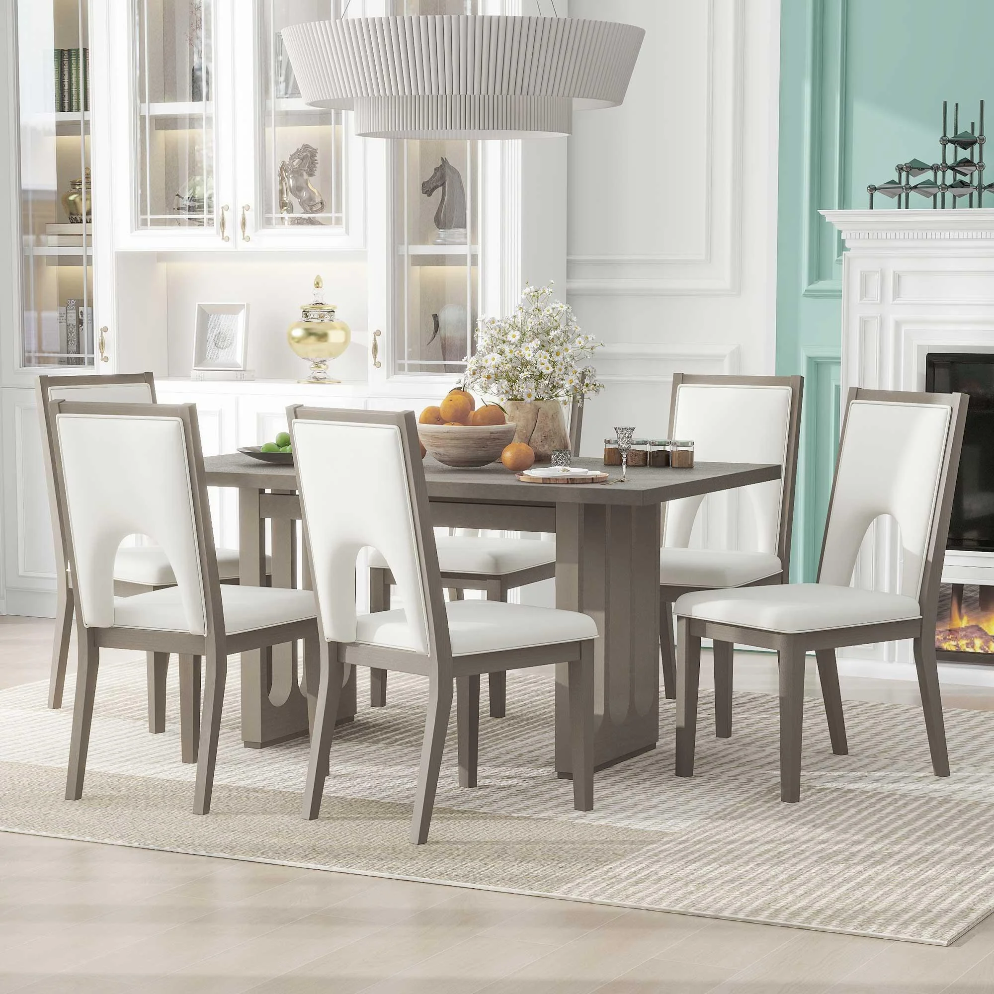 Wood Dining Table Set for 6, Atumon 7 Piece Dining Room Set, Dining Table Set with 6 Beige Cushioned Chairs, Farmhouse Dining Table Set