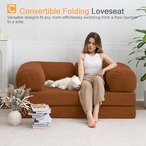 COMAX Folding Sofa Bed, Convertible Chair Bed Corduroy 3-in-1 Foldable Floor Couch with High-Density Foam, Futon Sofa Sleeper Mattress