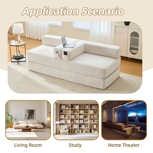 Convertible Sleeper Sofa Bed with Cylindrical Pillow, Corduroy Folding Mattress Couch with Fixed-Shape Frame