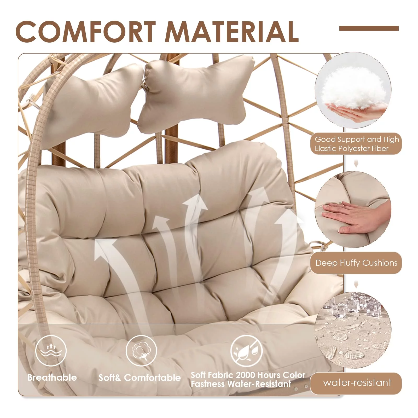 NICESOUL Outdoor Rattan Double Hanging Swing Egg Chair with Stand Cream Color 510 lbs Max. (Cream)