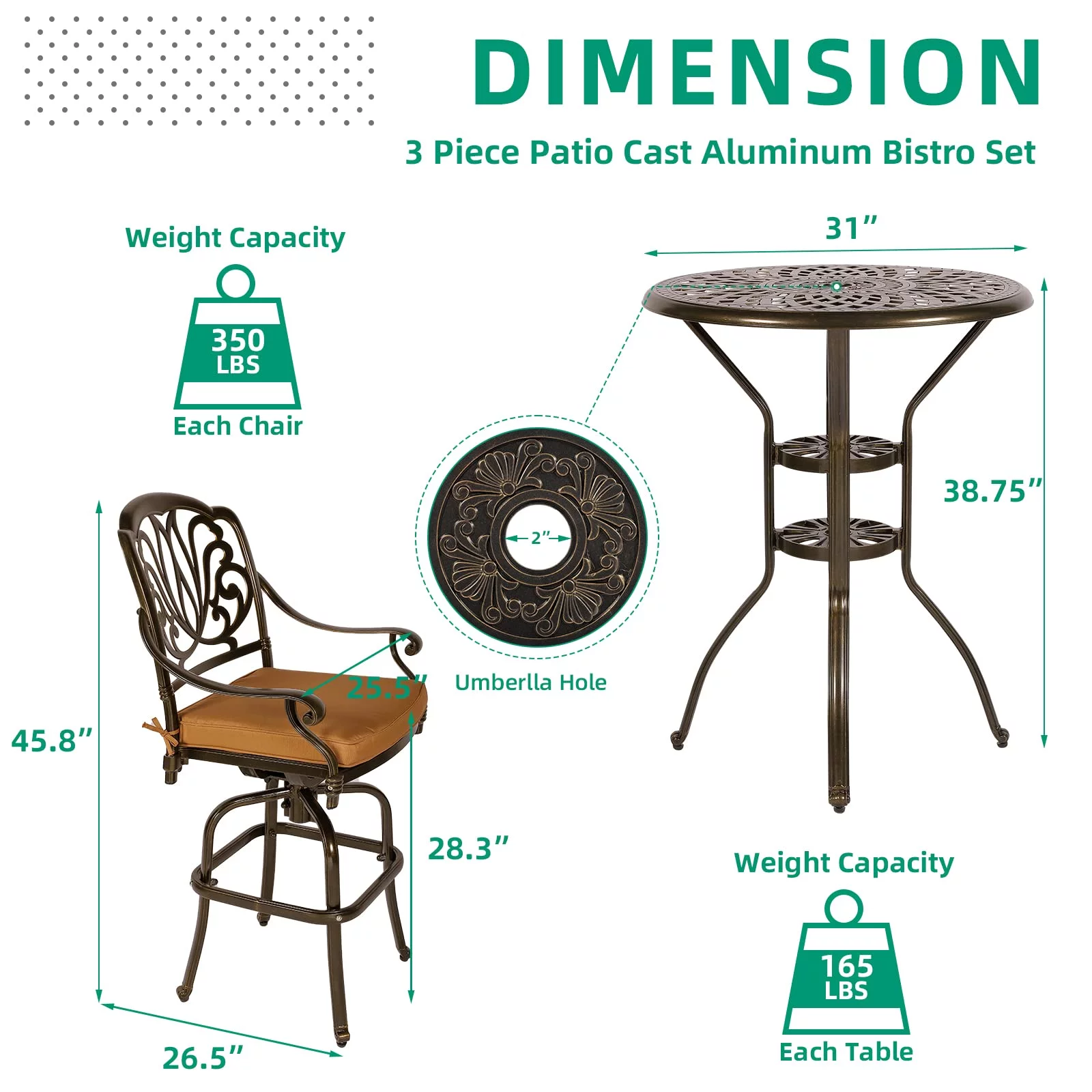 VIVIJASON 3-Piece Patio Swivel Bar Stools Set
