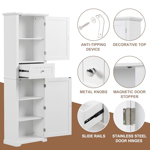 Tall Bathroom Storage Cabinet, Freestanding Storage Cabinet with 2 Doors, 5 Shelves, and 1 Drawer, Narrow Bathroom Cabinet with Adjustable Shelf