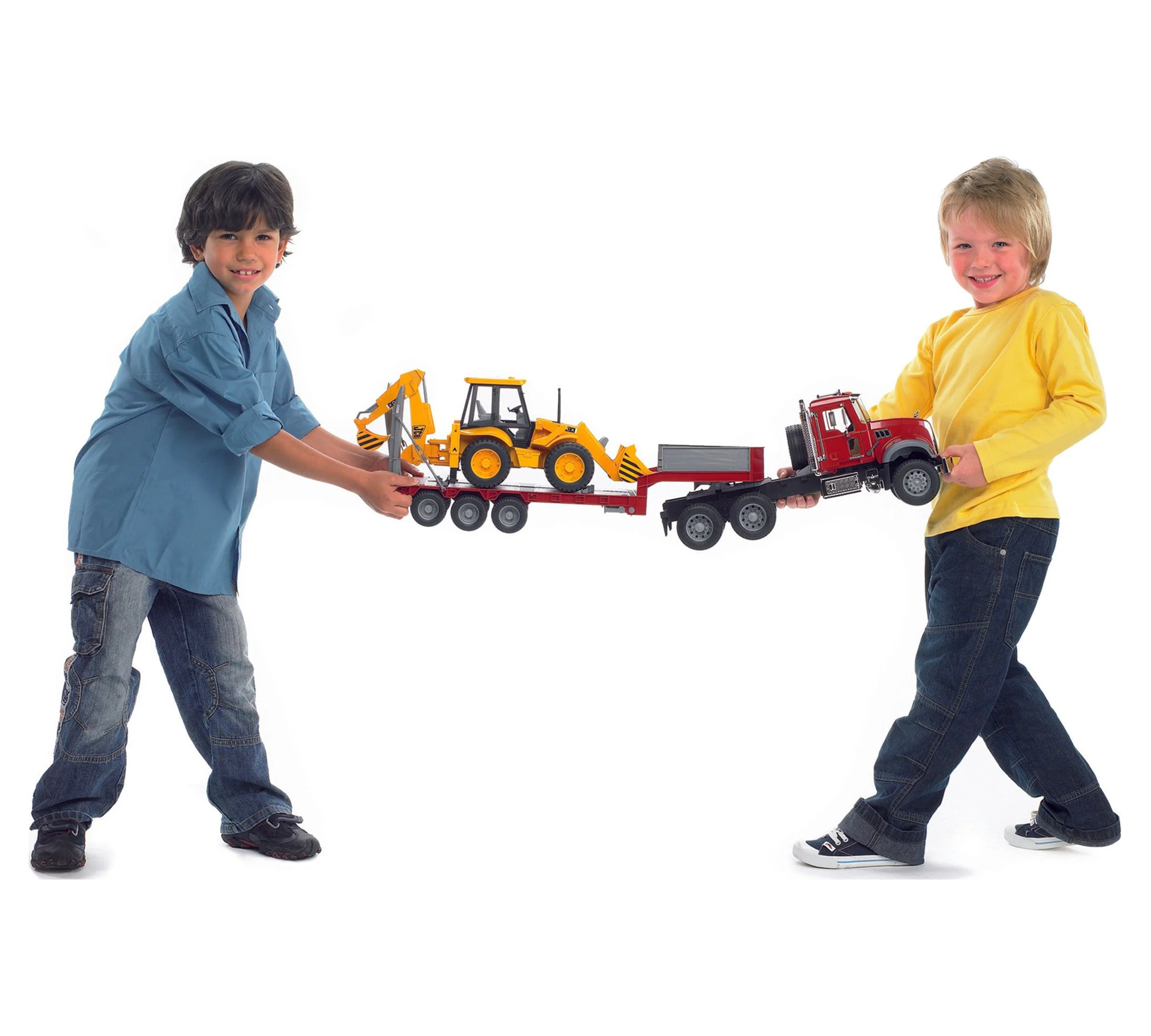 Bruder 02813 MACK Granite Flatbed Truck w/ JCB Loader Backhoe