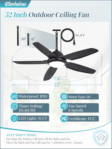 42 Inch Waterproof Outdoor Ceiling Fan with Lights and Remote,IP65 Hanging Gazebo Fan with 3CCT 6-Speed DC Motor