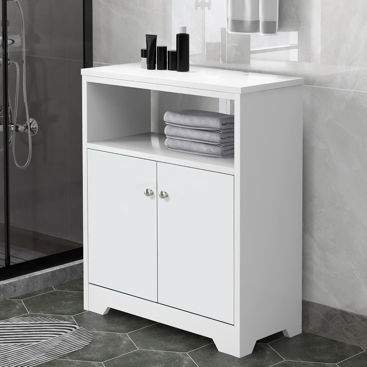 Merax White Cabinet Bathroom Storage Shelf with Double Doors, Freestanding Floor Space Saver