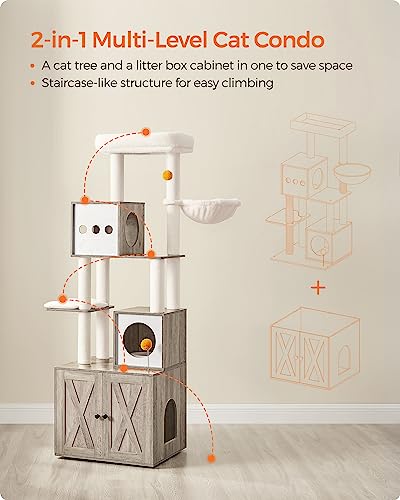 Feandrea Cat Tree with Litter Box Enclosure, 2-in-1 Modern Cat Tower, 70.8-Inch Tall Cat Condo with Scratching Posts, Perch, Caves, Basket