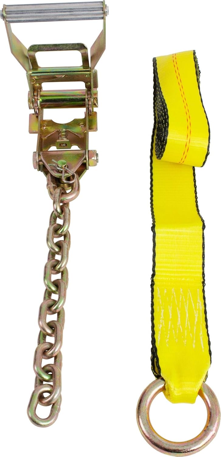 Mytee Products (8 Pack) 2 x 8' Car Tie Down Lasso Ratchet Strap with Chain Anchor - High Viz Green Tire Straps for Car Trailer