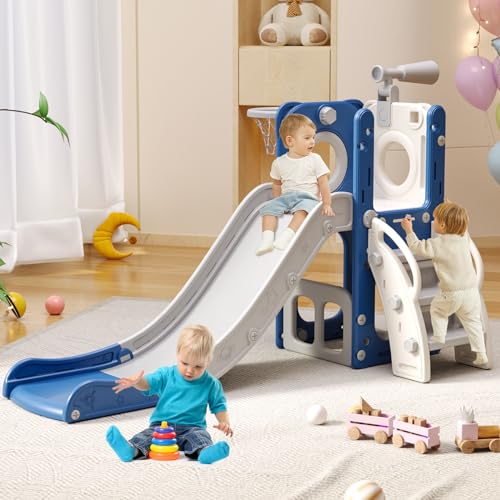 6 in 1 Toddler Playset with Slide, Kids Slide with Basketball Hoop, Ball, Ring Toss, Indoor Outdoor Toys (White Grey)