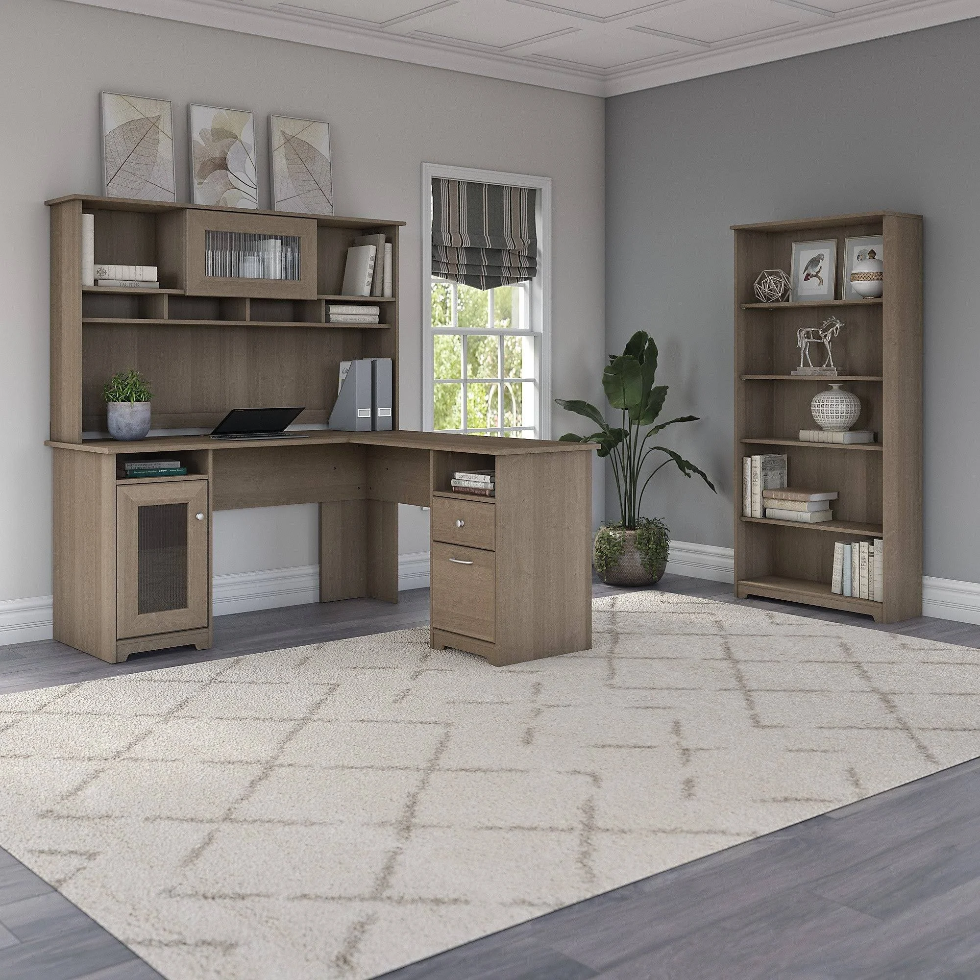 Bush Furniture Cabot Collection - Desk with 5-shelf bookcase - with hutch - L-shaped - reclaimed pine