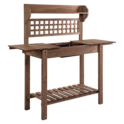 Outsunny Outdoor Potting Bench Table, Wooden Workstation with Sliding Tabletop, Storage Shelf and Dry Sink, for Greenhouse, Garden, Patio, Brown