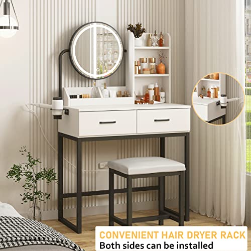 Makeup Vanity Desk with Round Mirror and Lights, White Vanity Makeup Table with Hair Dryer Rack