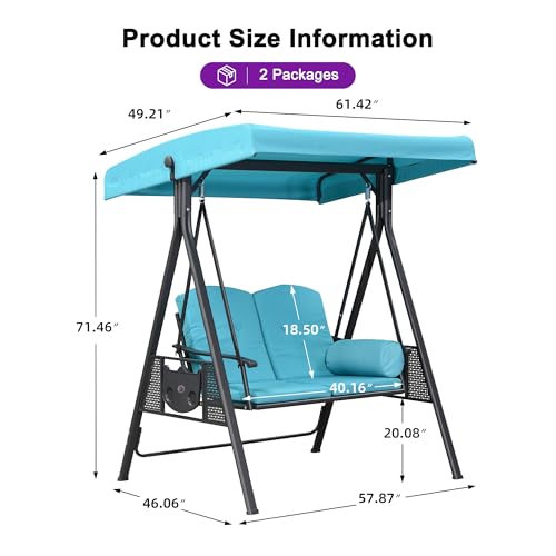 PURPLE LEAF Outdoor Patio Porch Swing with Adjustable PVC Canopy, 3-seat Swing Chair Bench with Side Cup Holder for Backyard Front Porch Lawn