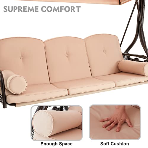 HOMREST 3 Seat Outdoor Porch Swing with Adjustable Canopy, Convertible Patio Swing Bed with Stand, Patio Glider Swing with Upgraded Cup Holder