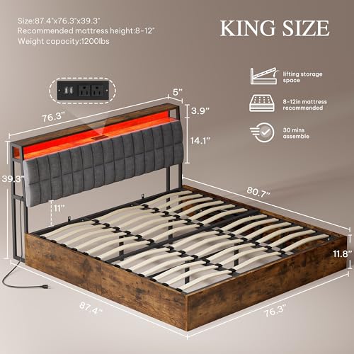 YITAHOME Queen Size Lift Up Bed with Charging Station & RGB LED Lights, PU Leather Upholstered Platform Storage Bookcase Headboard Bed
