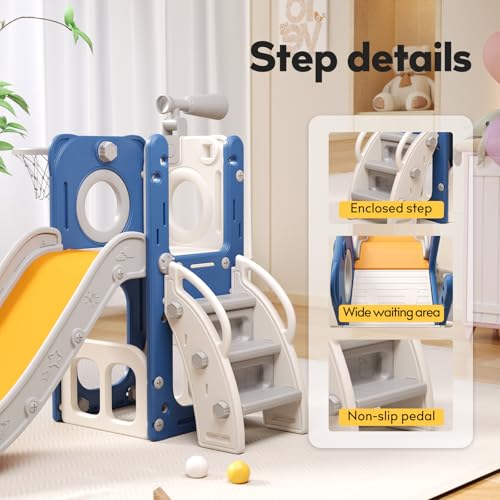 6 in 1 Toddler Playset with Slide, Kids Slide with Basketball Hoop, Ball, Ring Toss, Indoor Outdoor Toys (White Grey)