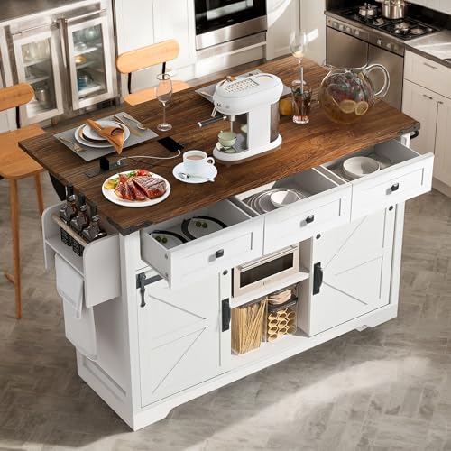 53.7" Farmhouse Kitchen Island with Drop Leaf,2 Drawers,Kitchen Storage Island with Power Outlet,Spice Rack