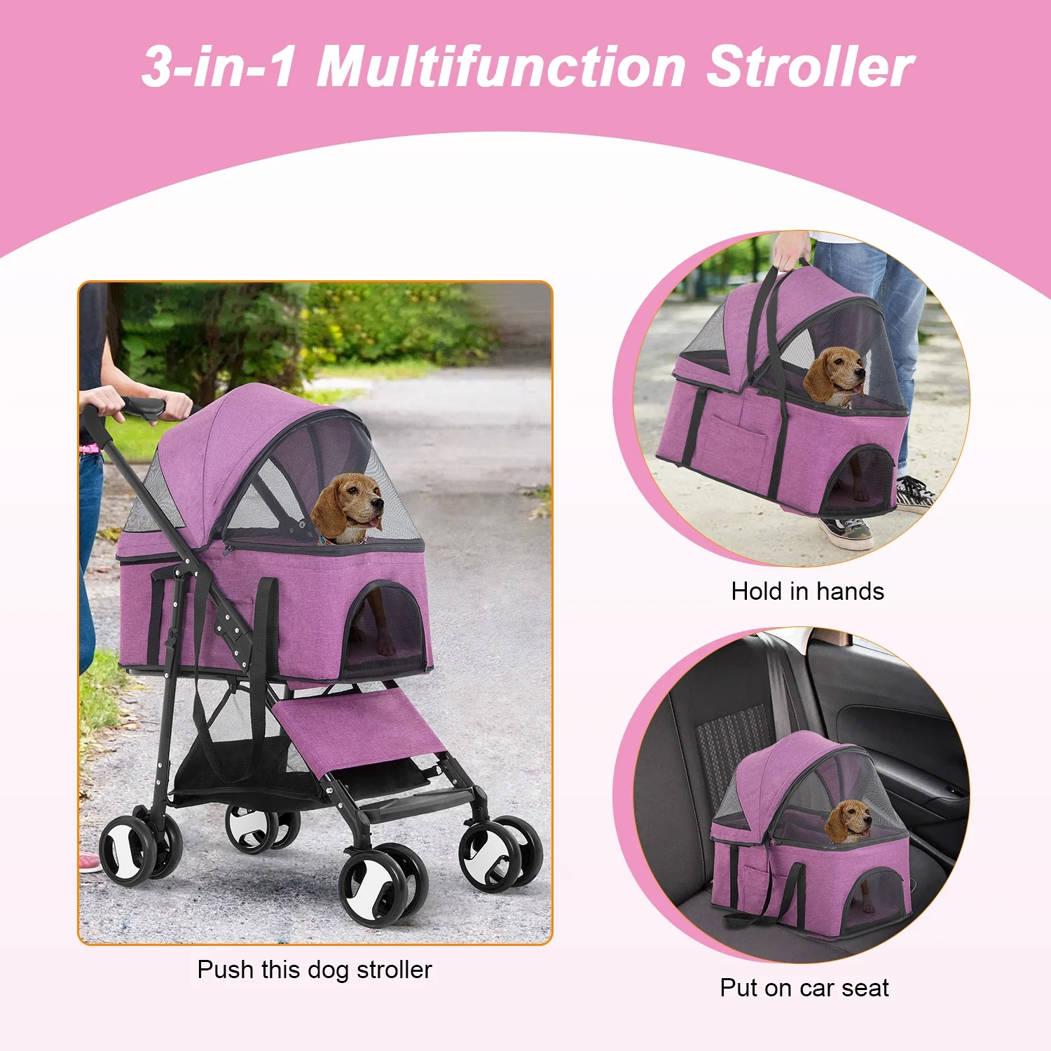 YRLLENSDAN Pet Stroller Premium 3-in-1 Multifunction Dog Cat Jogger Stroller for Medium Small Dogs Cats Folding Lightweight Travel Stroller with