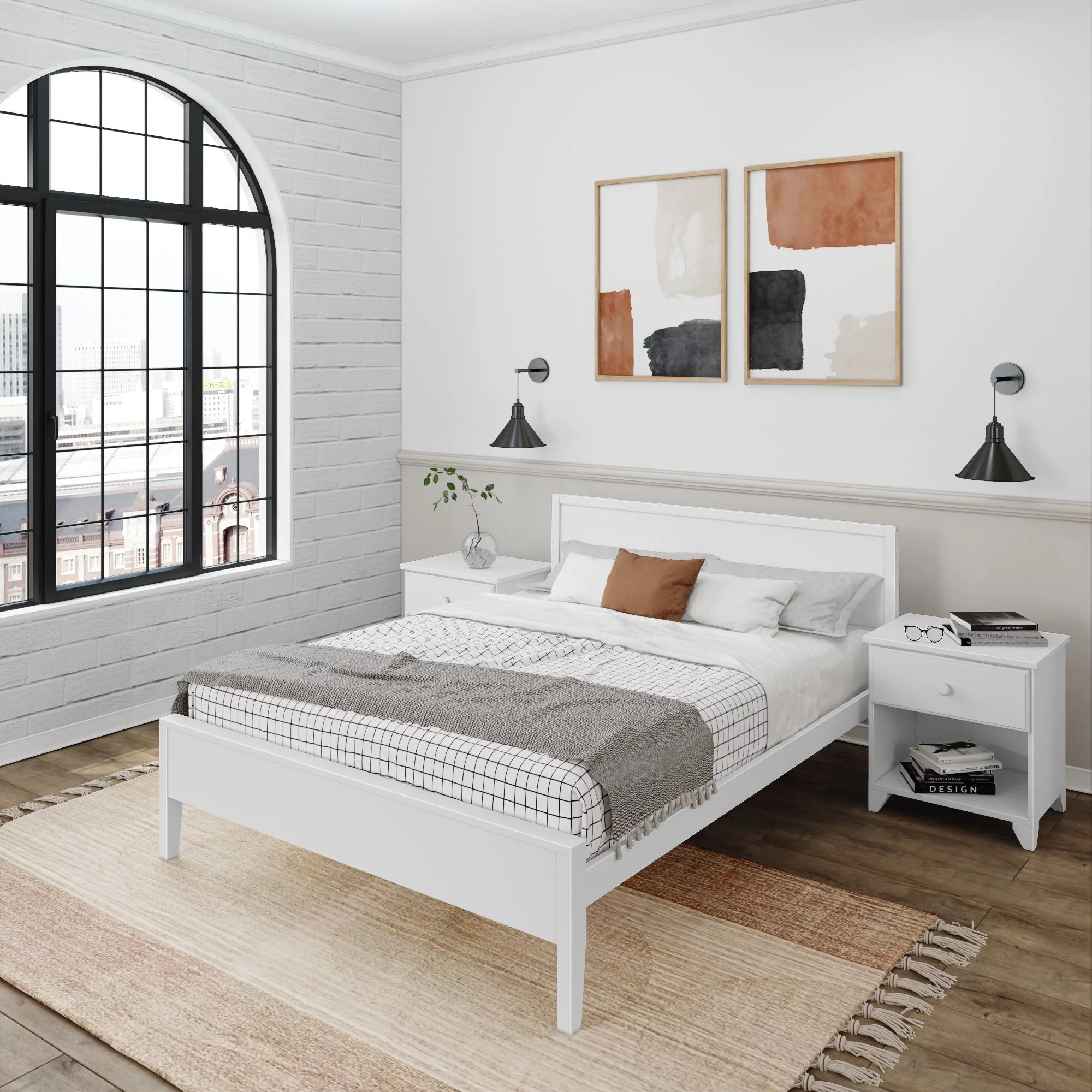 Plank+Beam Solid Wood Queen Bed Frame with Headboard, Modern Platform Bed for Adults, White
