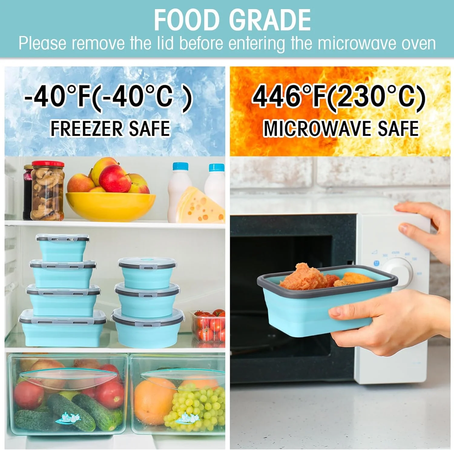 16 Pack Collapsible Food Storage Containers with Lid 8 P cs Rectangle Storage Bowl and 8 P cs Round Silicone Food Bow for Lunch Accessories Microwave