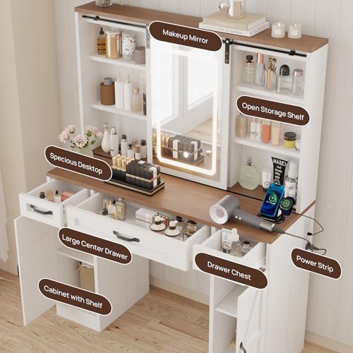 Farmhouse Vanity Desk with Sliding Lighted Mirror & Stool, Vanity Dresser Combo, Large Makeup Vanity with 8 Storage Shelves, 5 Drawers