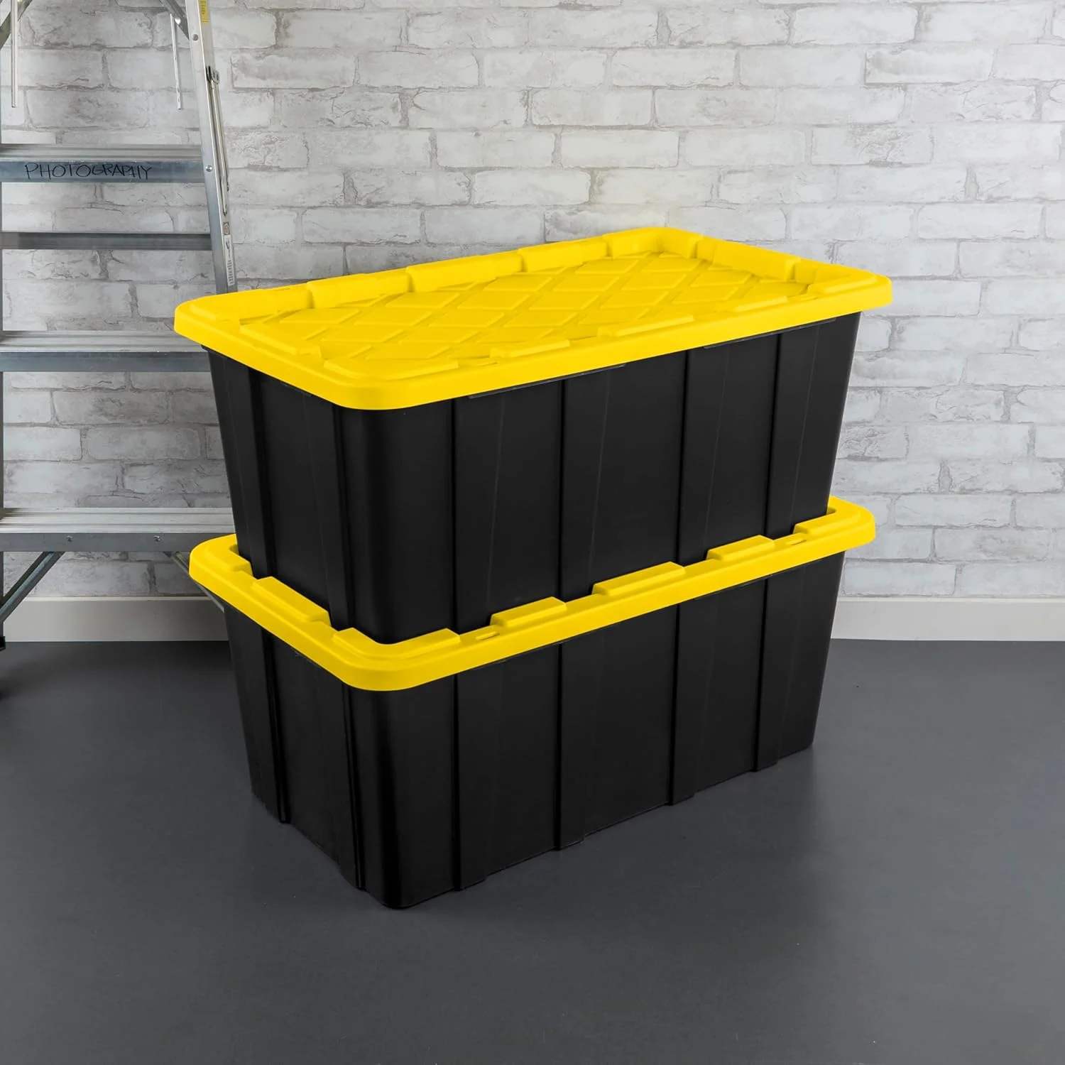38 Gal Industrial Tote, Stackable Storage Bin with Snap-Fit Lid for Garage, Basement &amp; Attic Storage,  4-Pack