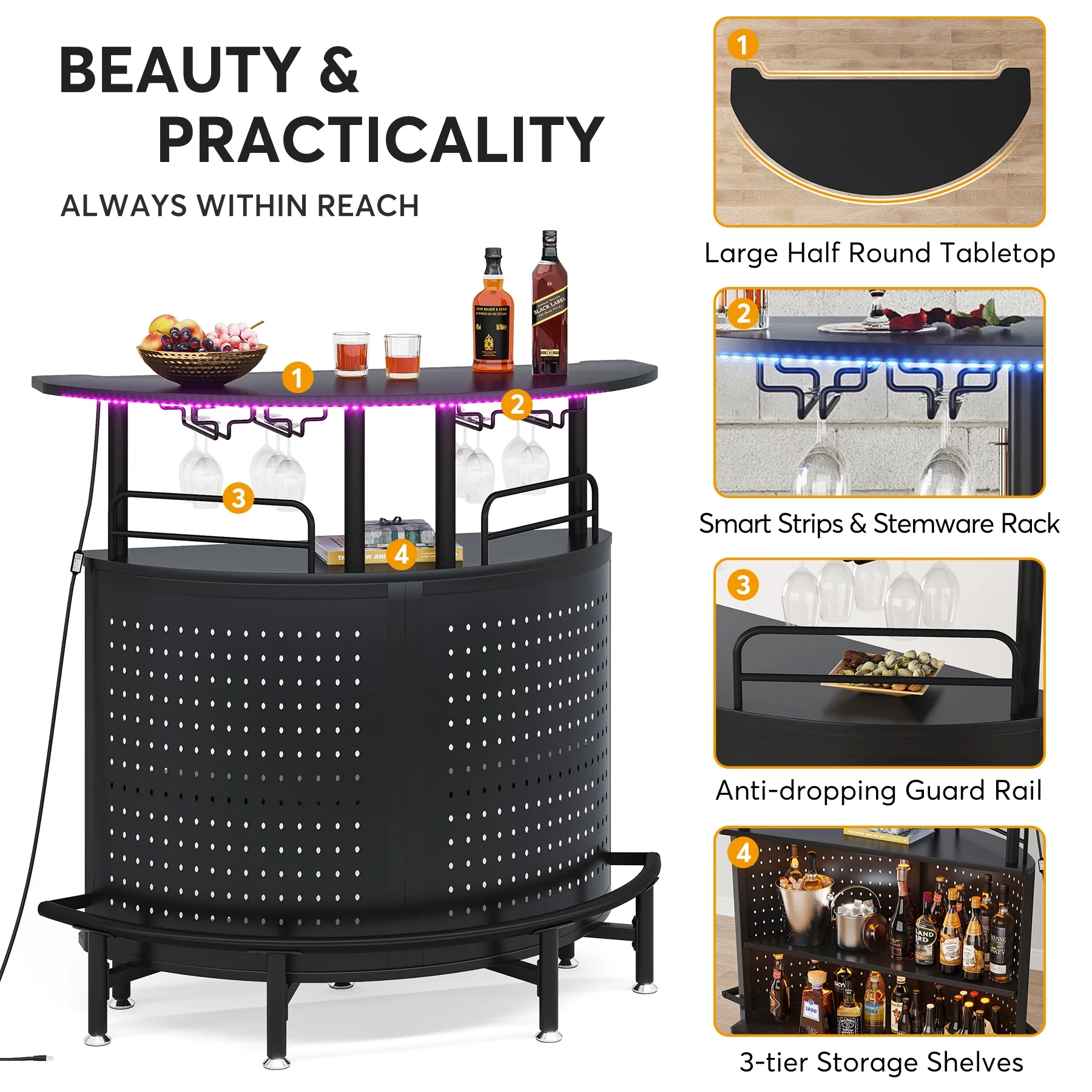 Tribesigns Smart Bar Unit with Led Lights 3-Tier Liquor Bar Table with Wine Glasses Holder and Storage Shelves Wine Bar