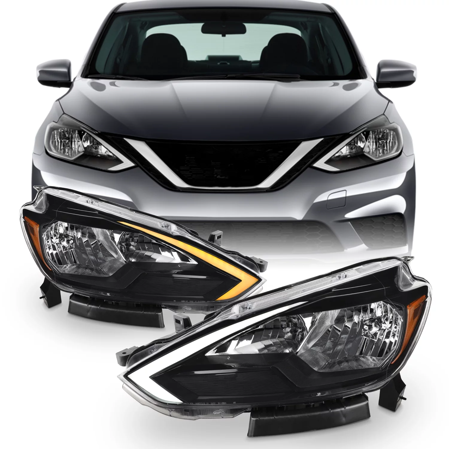 AKKON - Fits 2016-2019 Sentra LED Tube DRL Running Switchback Turn Signal [Halogen Type] Black Headlight Pair Left+Right - Curated Treasures Market