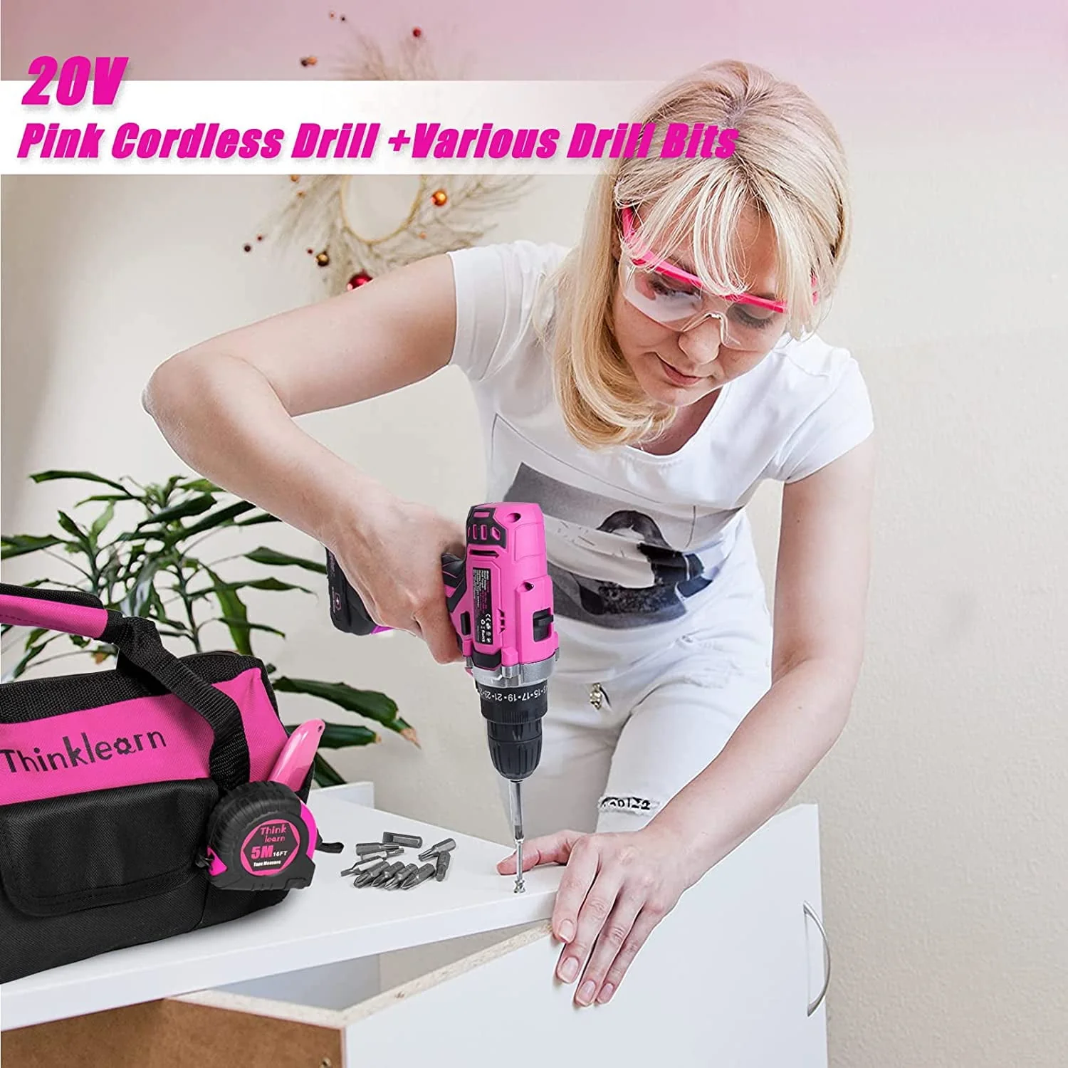ThinkLearn Pink Tool Kit with 20V Cordless Drill(265in-lbs), Pink Drill Set for Women,Lady's Home Tool Kit for DIY