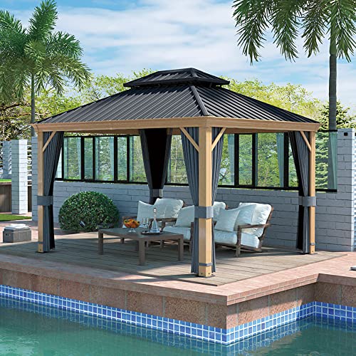 HAPPATIO 10' x 12' Hardtop Gazebo with Netting and Curtains, Double Roof Permanent Patio Metal Gazebo Canopy for Patio, Deck, Backyard （Gray）