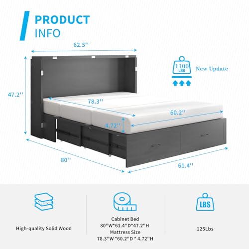 Mjkone Murphy Bed Cabinet,Built-in 3-Port Charging Station, 2 Storage Drawers, Foam Mattress, Queen Size Solid Wood Bed Cabinet