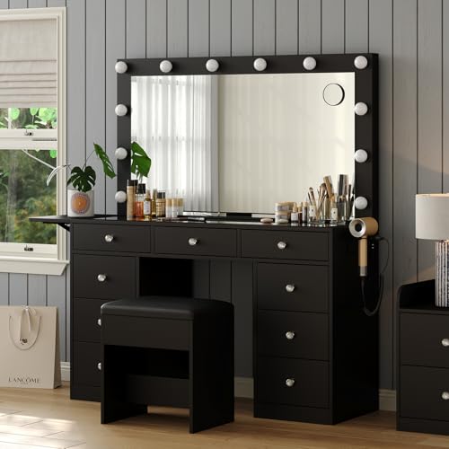 Vanity Desk with Power Outlet, 9 Drawers Makeup Vanity with Mirror and 12 LED Lights, 3 Lighting Modes, Glass Top Vanity Set, Fold-up Panel