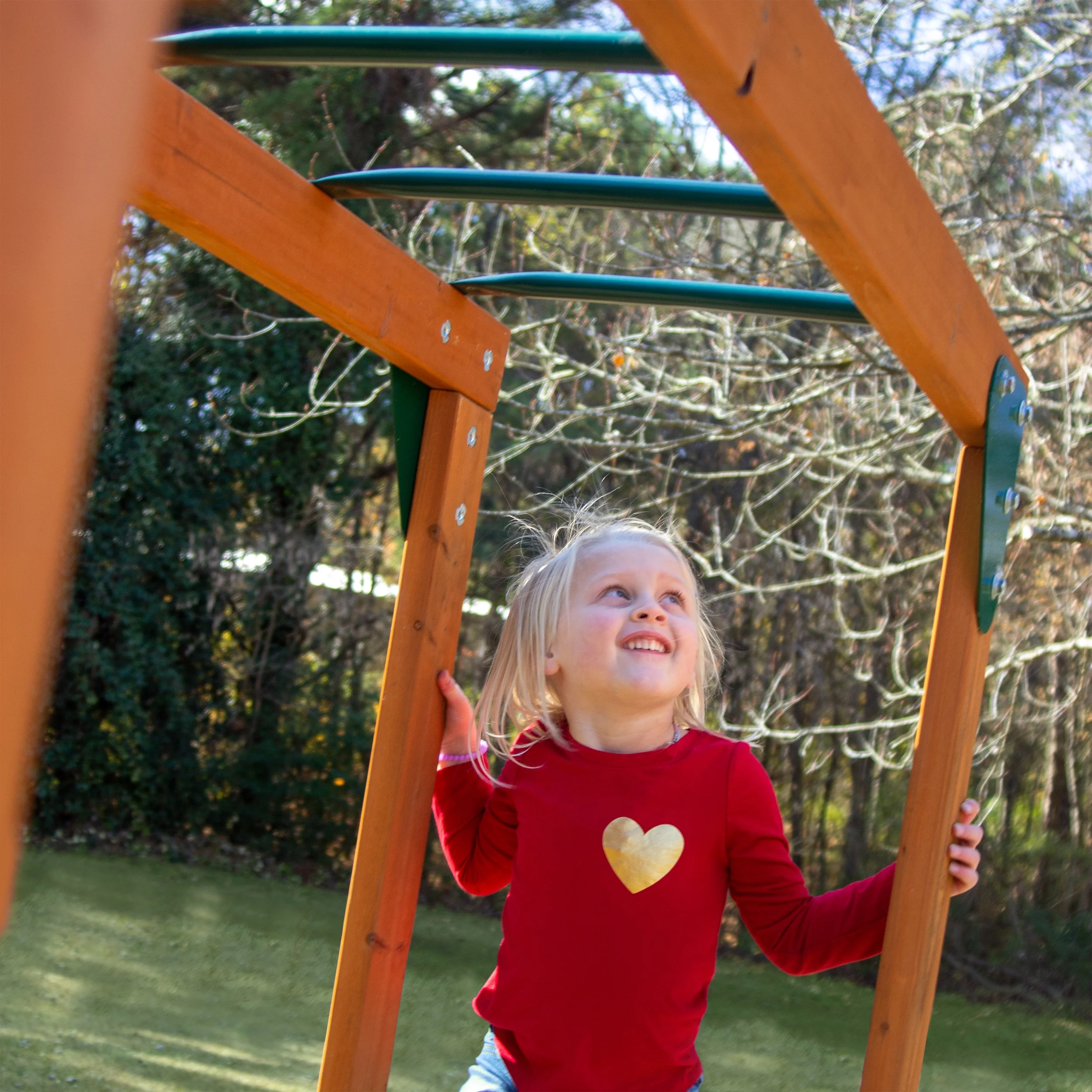 Gorilla Playsets Avalon Swing Set with Vinyl Canopy, Monkey Bars, Climbing Wall and Wave Slide, Amber