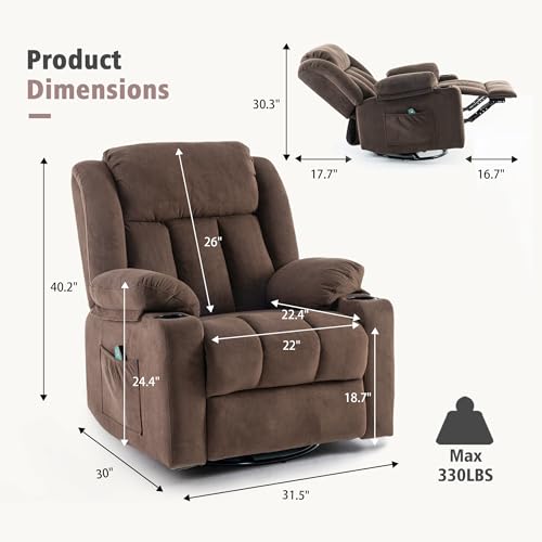 Rocker Swivel Recliner Chair for Adults, Overstuffed Large Manual Recliner Glider with Massage and Heat
