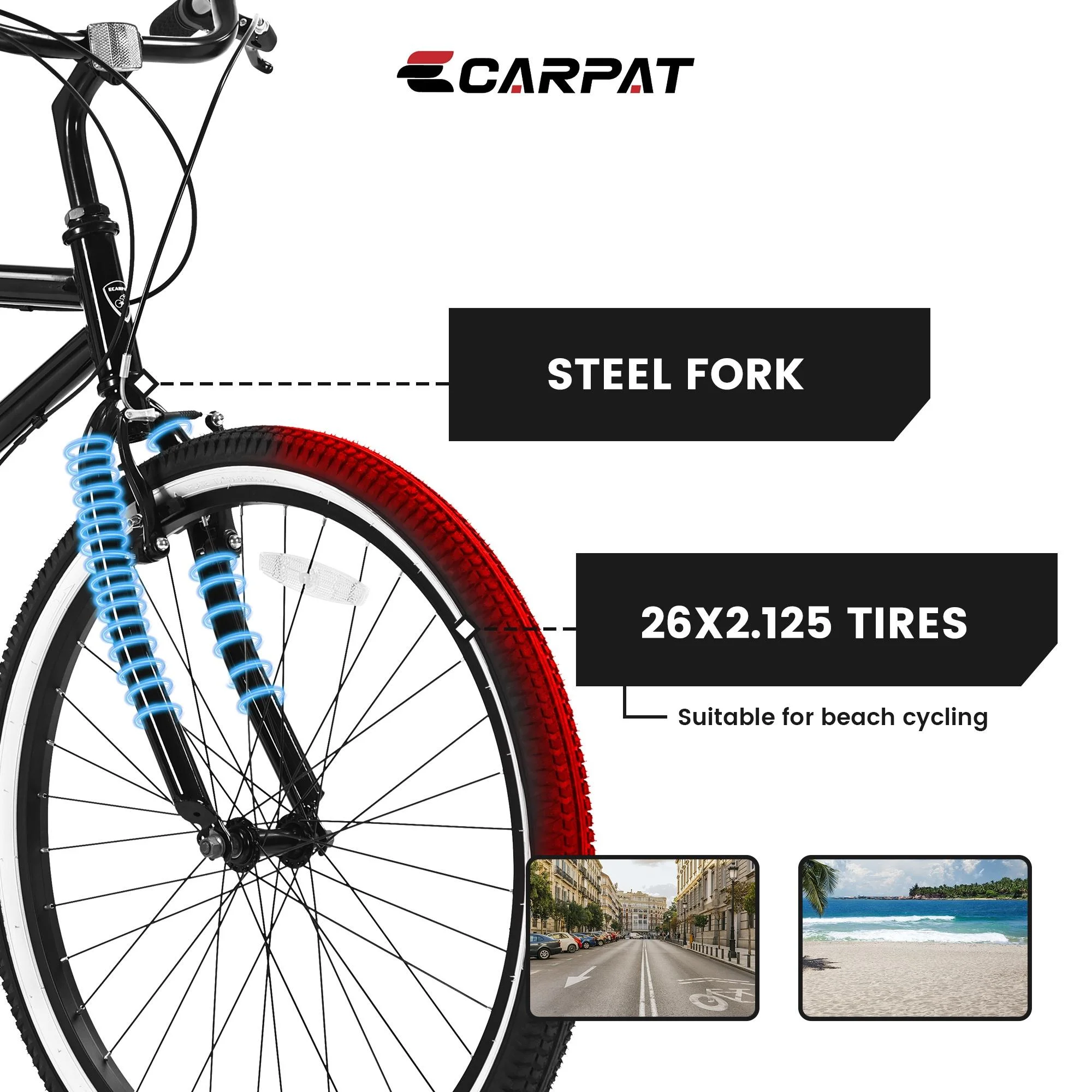 26-inch Bicycle with 7 Speeds, SEGMART Upgrade Adult Bike with Adjustable Beach Seat, Lightweight Steel Beach Cruiser Bike with Rear Cargo Rack, Black