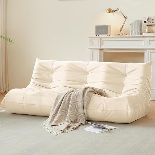 Bean Bag Chair for Adults - Suede & Microfiber Fireside Floor Chair, Comfortable Corner Lounge Sofa for Living Room, Bedroom, Office (3-Seater, Beige)