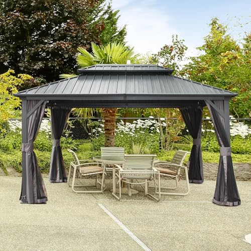 Domi 10' x 10' Hardtop Gazebo Outdoor Metal Gazebo with Galvanized Steel Double Roof Canopy, Curtains and Netting for Patio, Backyard, Deck