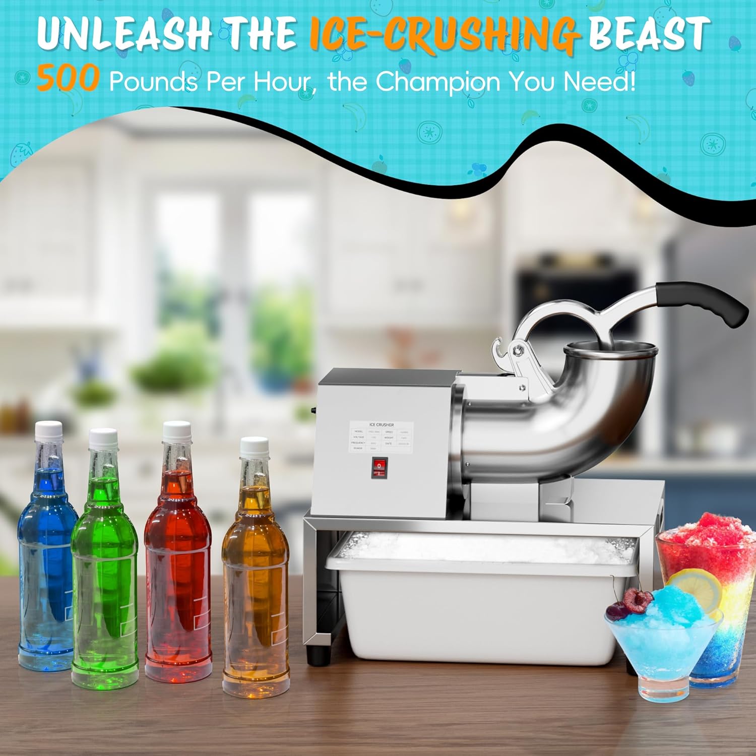 Snow Cone Machine Shaved Ice, 500LB/H Commercial Ice Crusher Shaved Ice Machine Fluffy