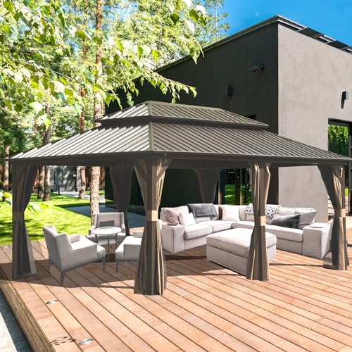 Domi 10' x 10' Hardtop Gazebo Outdoor Metal Gazebo with Galvanized Steel Double Roof Canopy, Curtains and Netting for Patio, Backyard, Deck