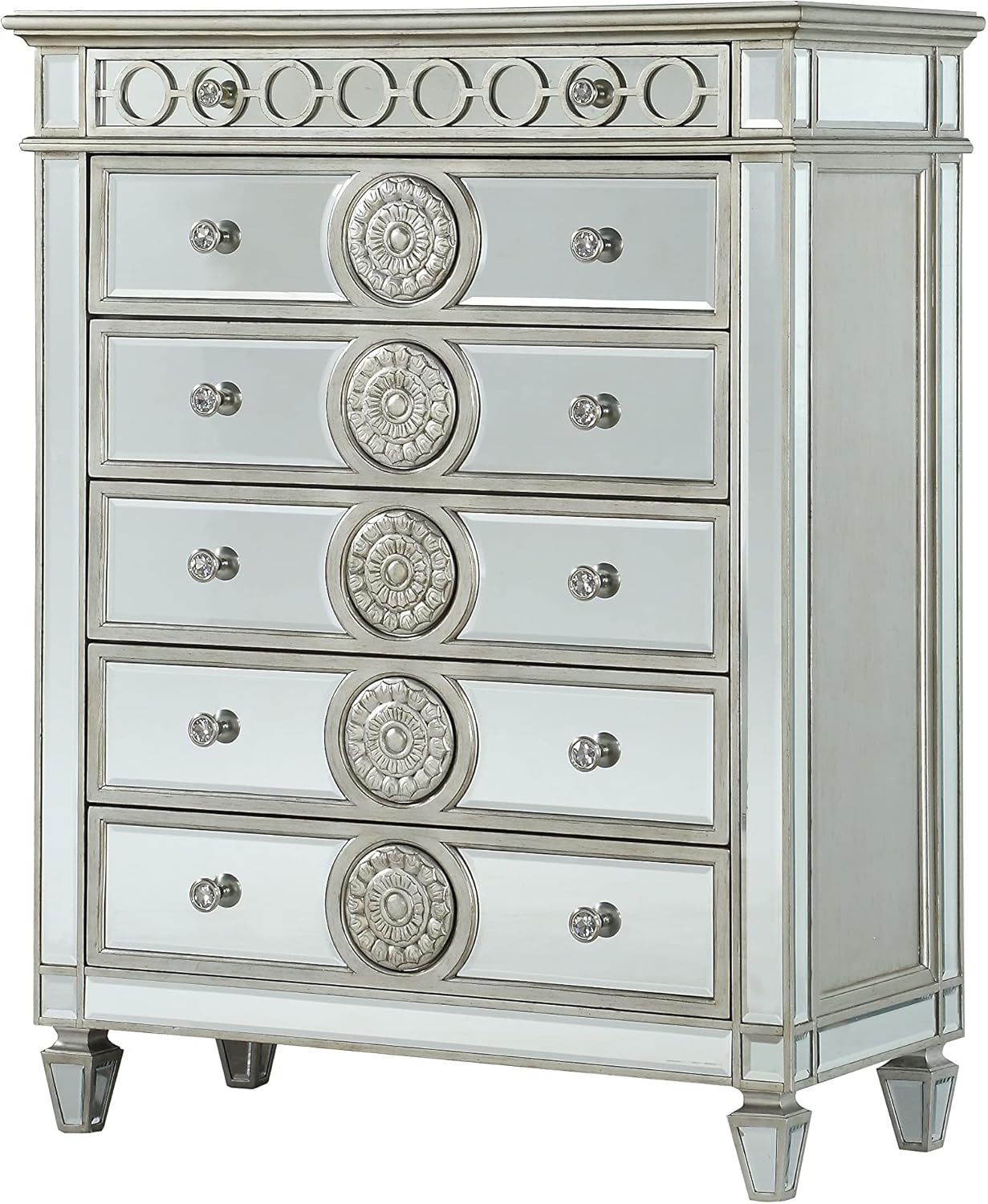 Mirrored Dresser - Silver Dresser with 5 Storage Drawers and Pull-Out Tray