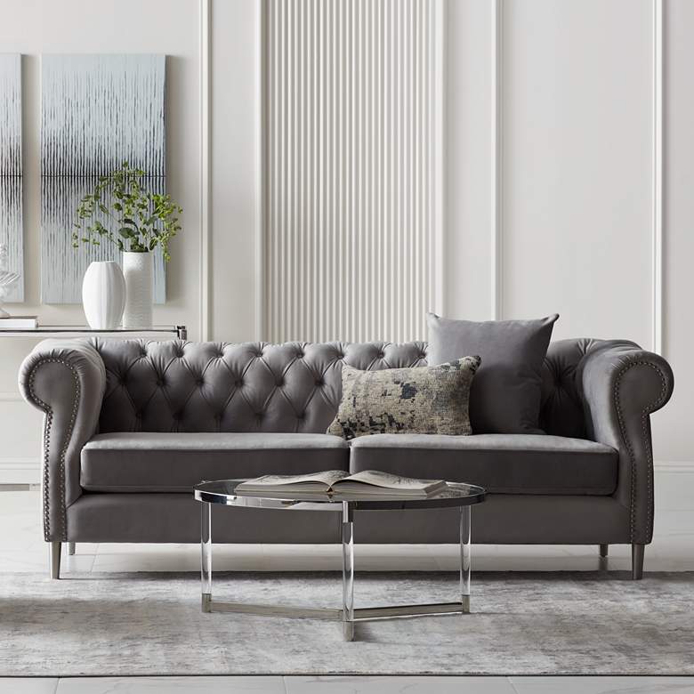 Jules 90"W Chocolate Brown Velvet Tufted Chesterfield Sofa